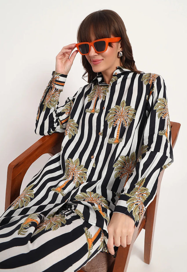 White & Black Palm Cotton Co-Ord Set