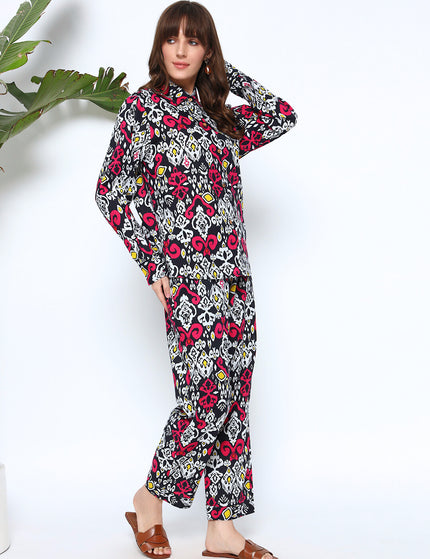Black Magenta Multi Print Shirt Trouser Set
