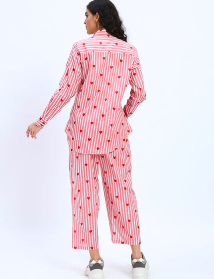 Pink White Stripe Heart Print Shirt Pant Set