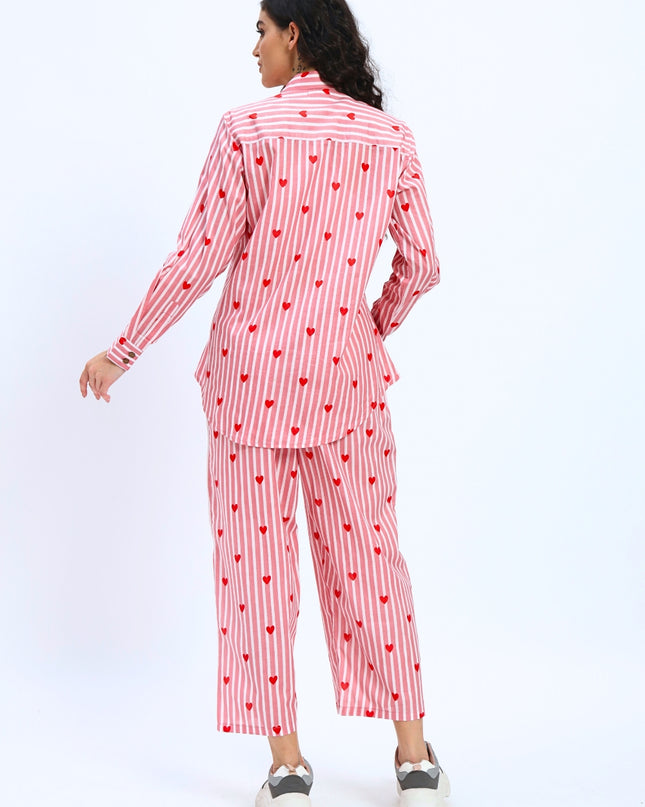 Pink White Stripe Heart Print Shirt Pant Set