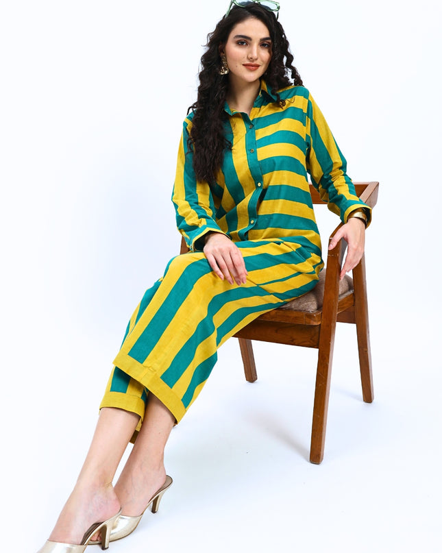 Green Yellow Stripes two piece Coord Set