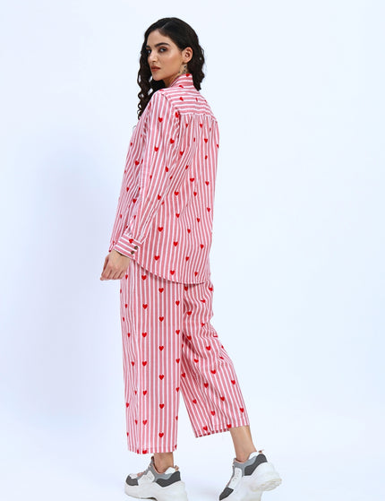 Pink White Stripe Heart Print Shirt Pant Set