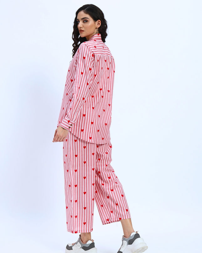 Pink White Stripe Heart Print Shirt Pant Set
