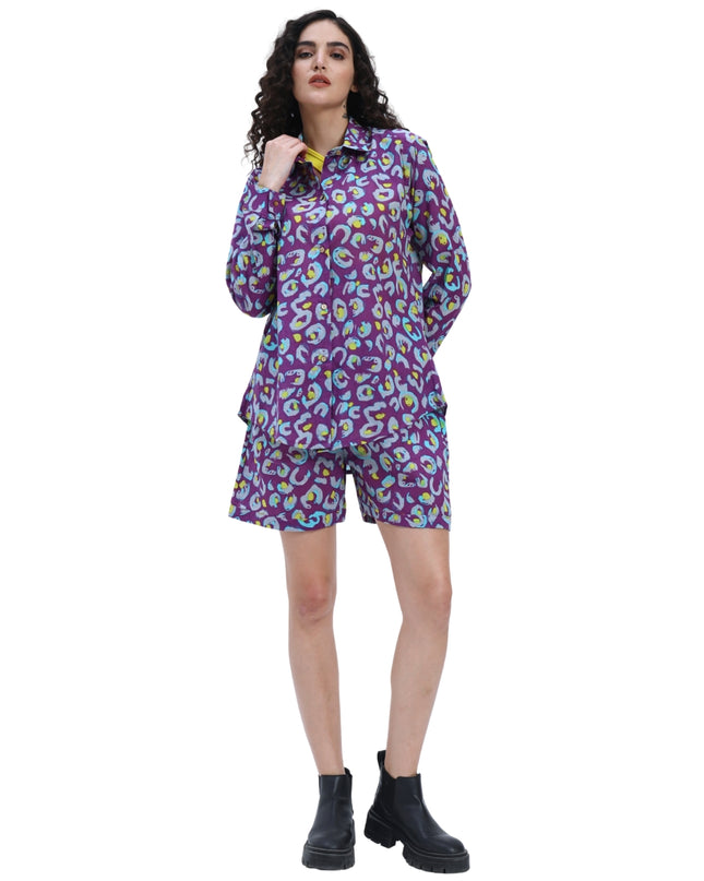 Purple Print Shirt Hot Pant Set