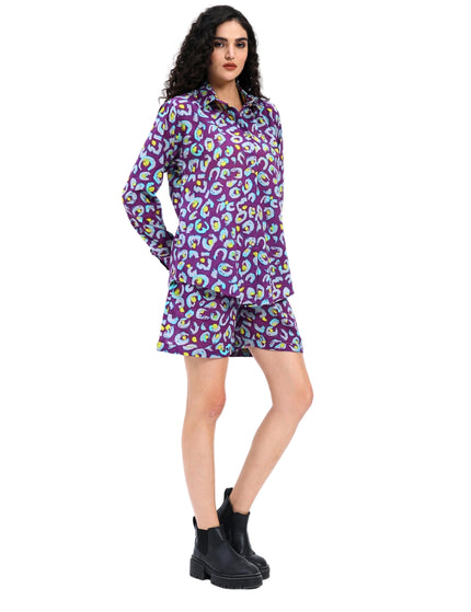 Purple Print Shirt Hot Pant Set