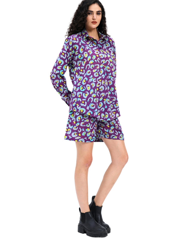 Purple Print Shirt Hot Pant Set