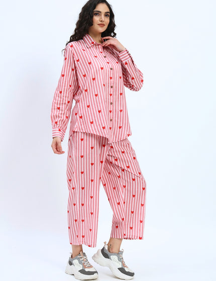 Pink White Stripe Heart Print Shirt Pant Set