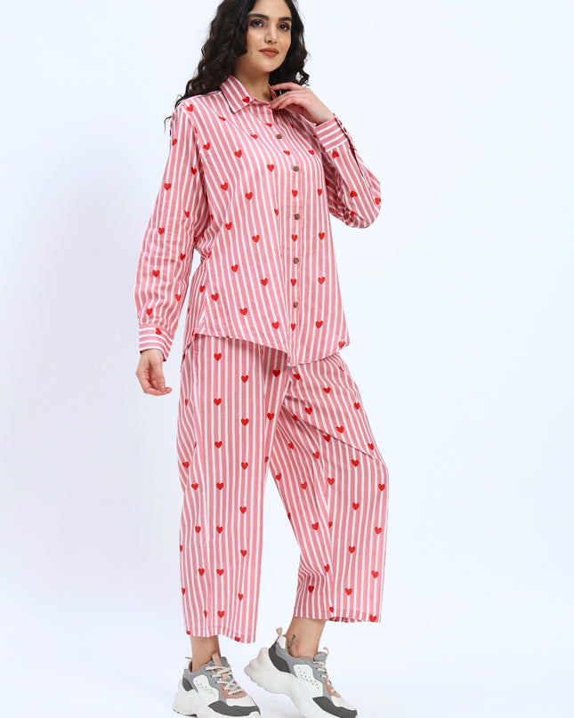 Pink White Stripe Heart Print Shirt Pant Set