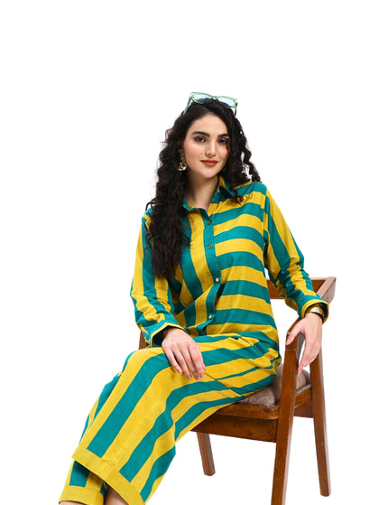 Green Yellow Stripes two piece Coord Set