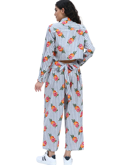 Grey White Stripe Orange Print Coord Set