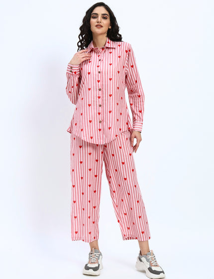 Pink White Stripe Heart Print Shirt Pant Set