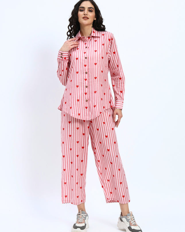 Pink White Stripe Heart Print Shirt Pant Set