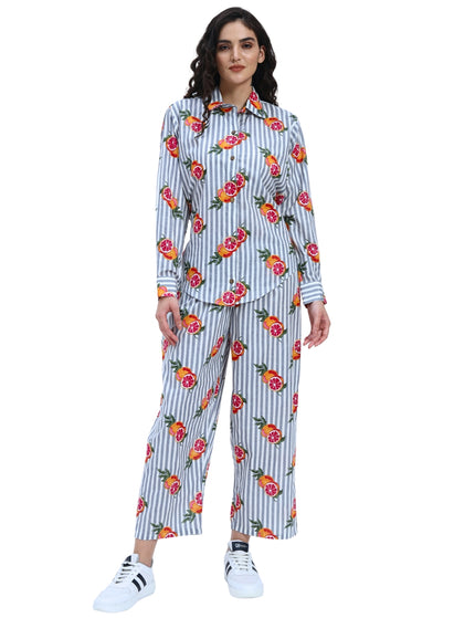 Grey White Stripe Orange Print Coord Set