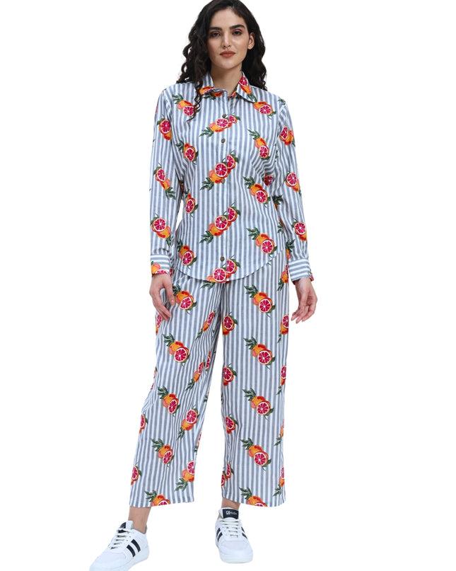 Grey White Stripe Orange Print Coord Set