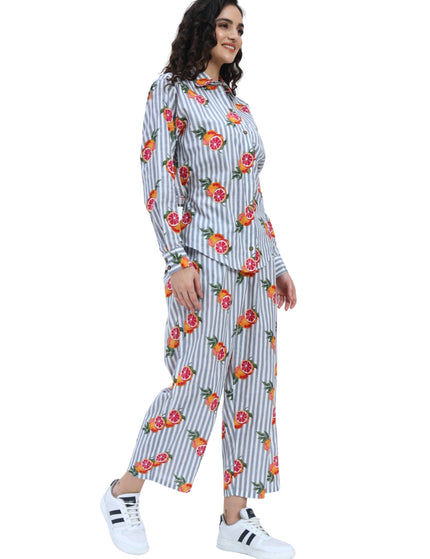 Grey White Stripe Orange Print Coord Set