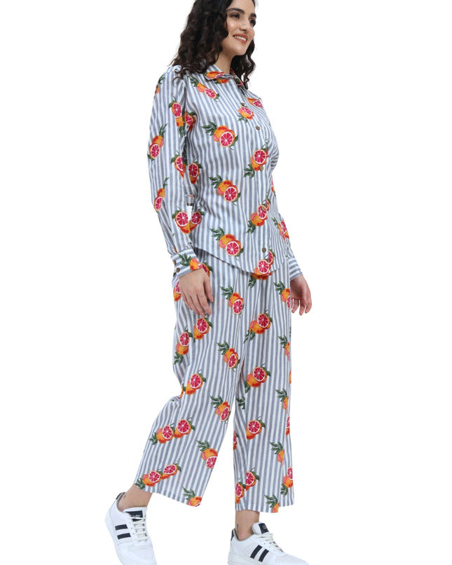 Grey White Stripe Orange Print Coord Set