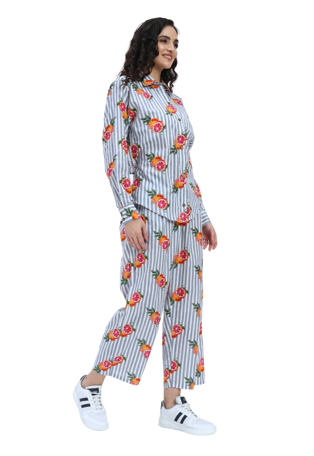 Grey White Stripe Orange Print Coord Set
