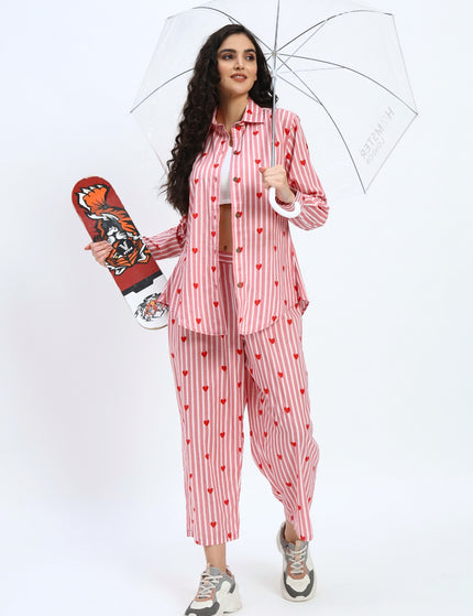 Pink White Stripe Heart Print Shirt Pant Set