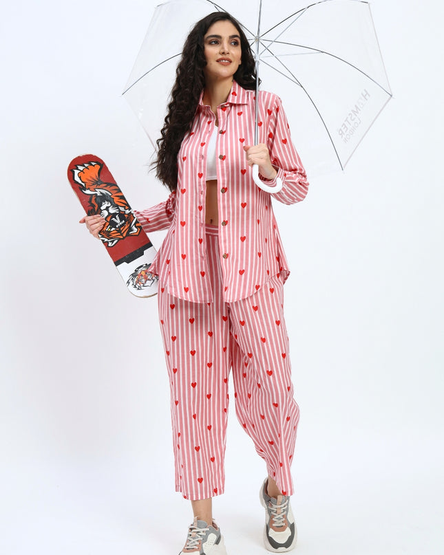 Pink White Stripe Heart Print Shirt Pant Set