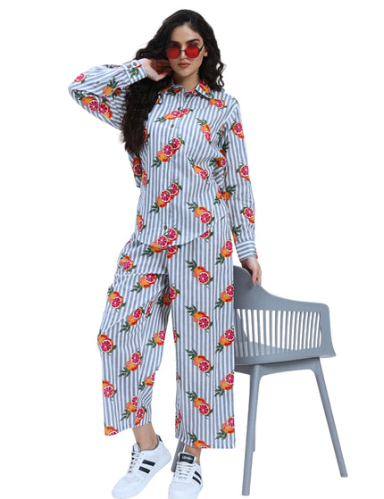 Grey White Stripe Orange Print Coord Set