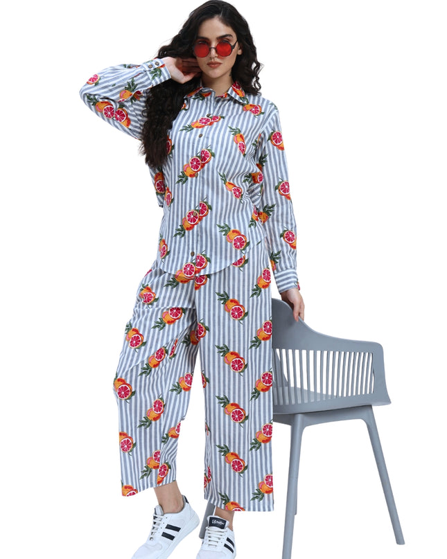 Grey White Stripe Orange Print Coord Set