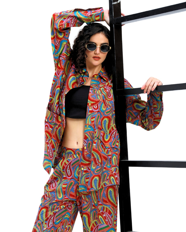 Red Multi Print Shirt pant Set