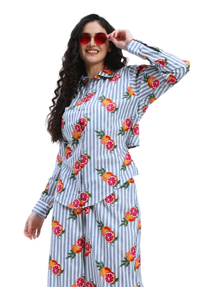 Grey White Stripe Orange Print Coord Set