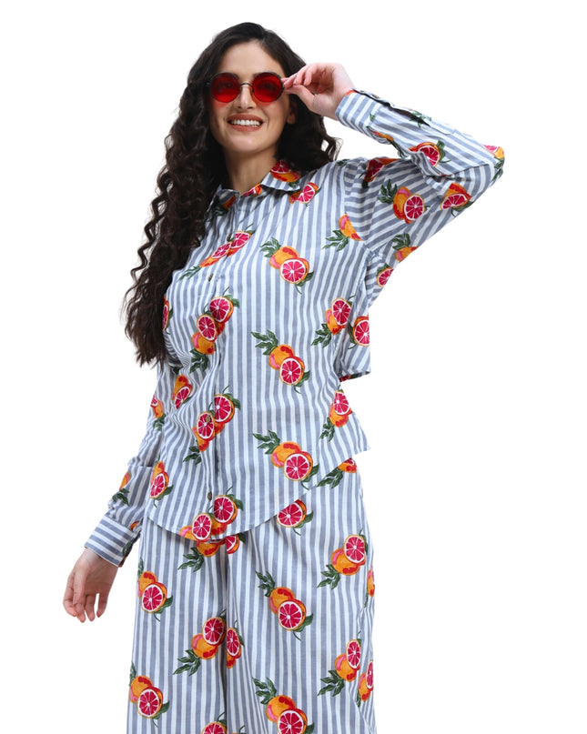 Grey White Stripe Orange Print Coord Set