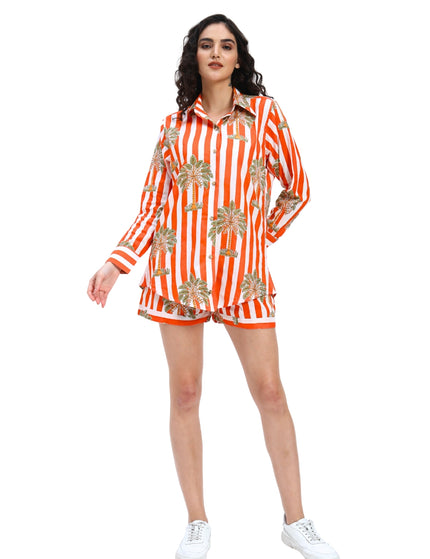 Orange White Stripe Shirt with Short Pant Set