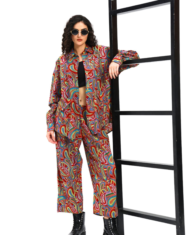Red Multi Print Shirt pant Set