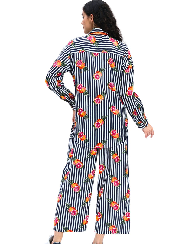 Dark Blue White Stripe Fruty Orange Coord Set