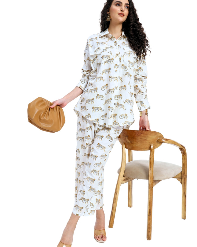 White Tiger Print Coord Set