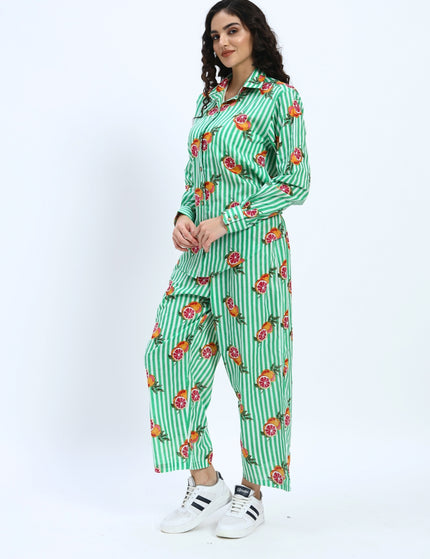 Green White Stripe Orange Print Coord Set