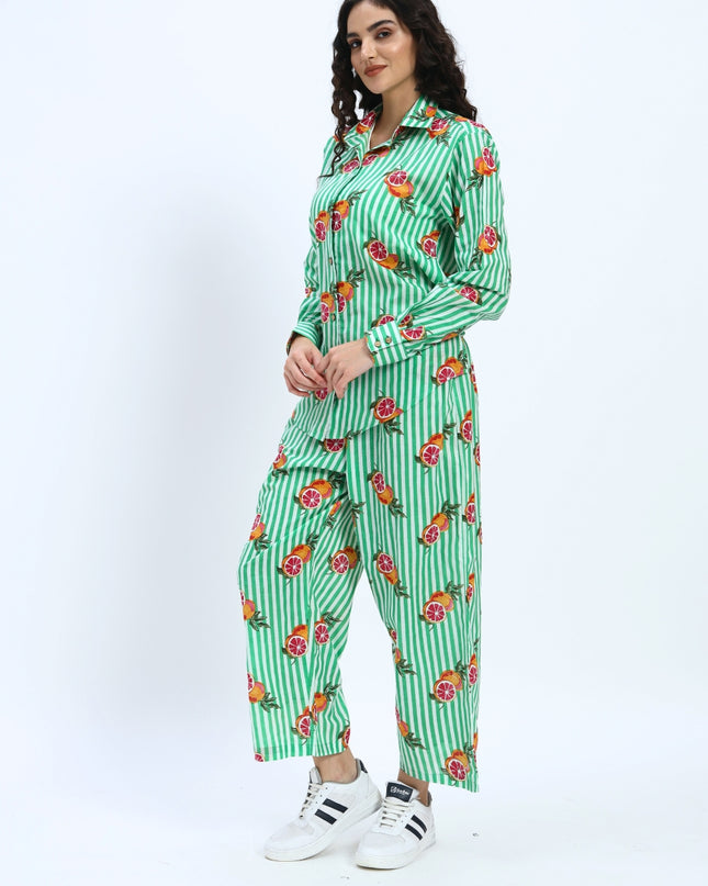Green White Stripe Orange Print Coord Set