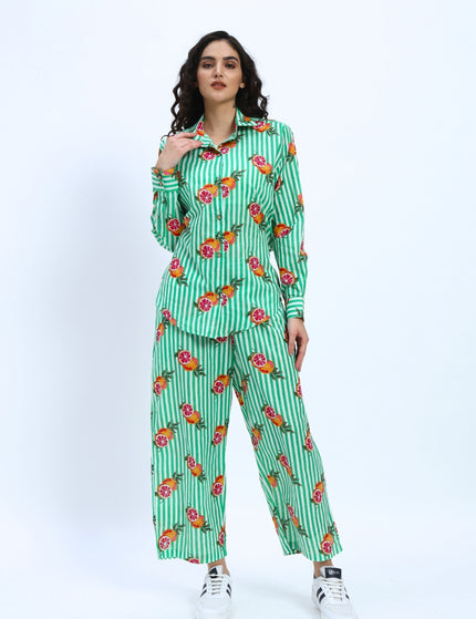 Green White Stripe Orange Print Coord Set
