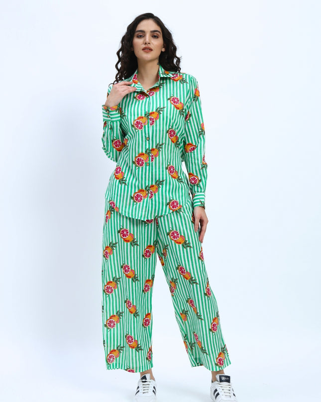 Green White Stripe Orange Print Coord Set