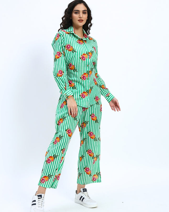 Green White Stripe Orange Print Coord Set