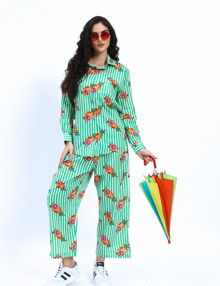 Green White Stripe Orange Print Coord Set