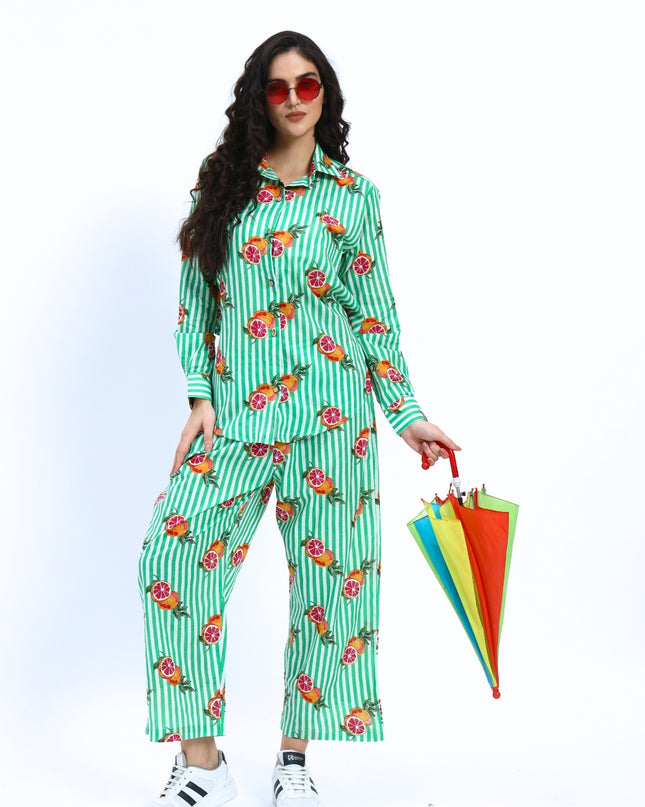Green White Stripe Orange Print Coord Set