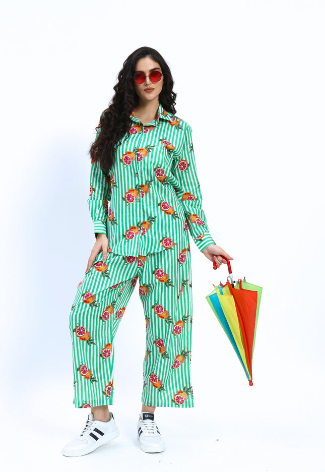 Green White Stripe Orange Print Coord Set