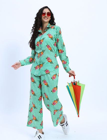 Green White Stripe Orange Print Coord Set