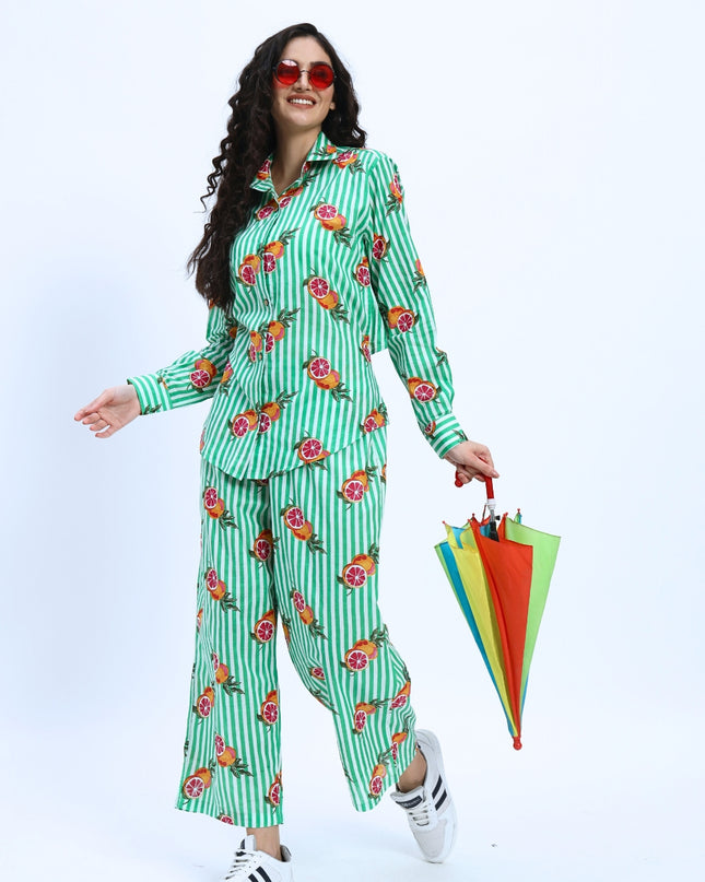 Green White Stripe Orange Print Coord Set
