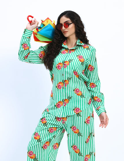 Green White Stripe Orange Print Coord Set