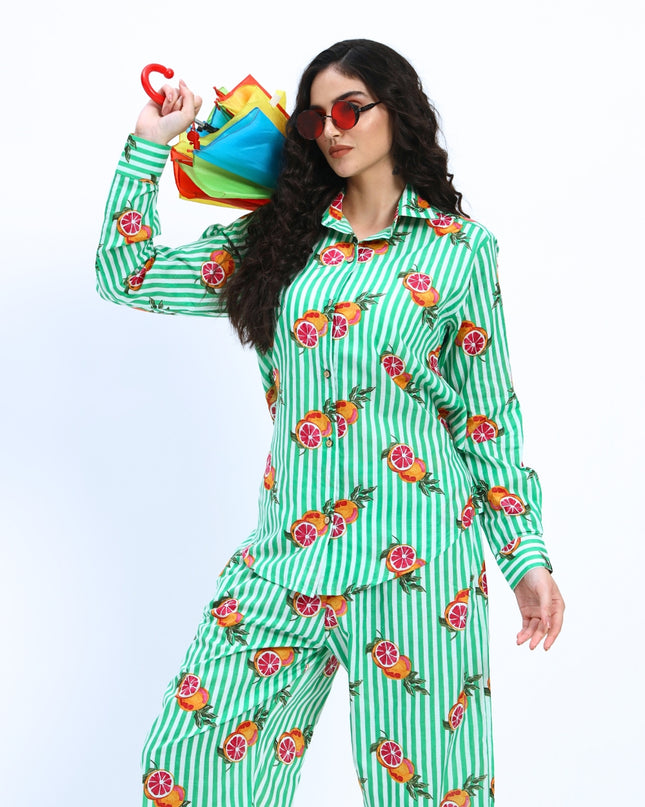 Green White Stripe Orange Print Coord Set