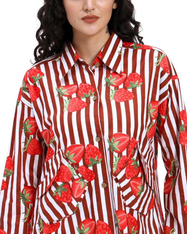 Brown White Stripe with Red Strawberry Coord Set