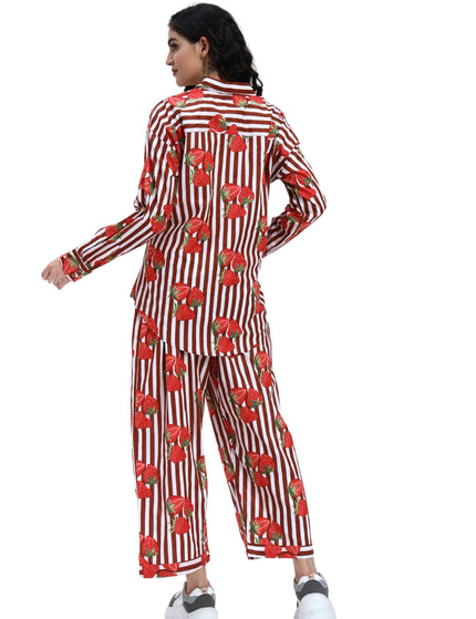 Brown White Stripe with Red Strawberry Coord Set