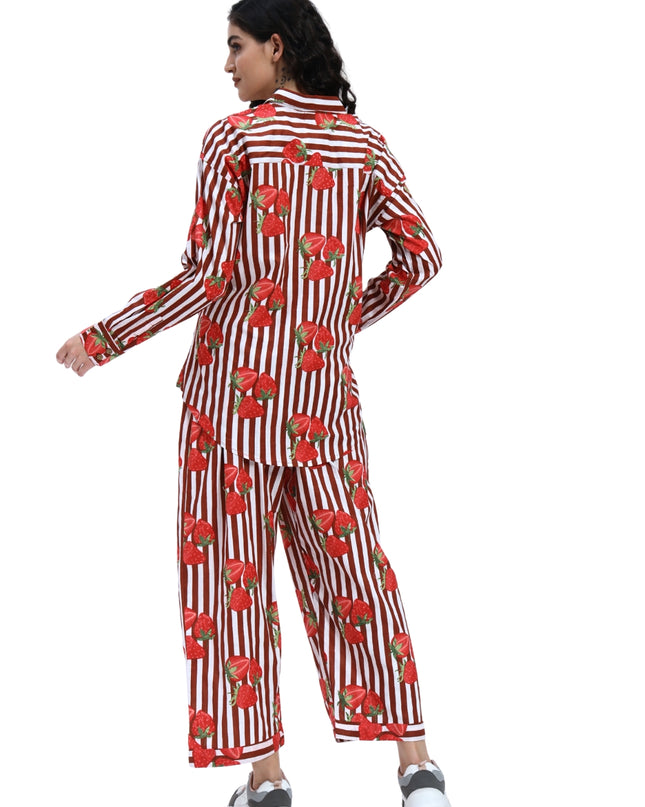 Brown White Stripe with Red Strawberry Coord Set