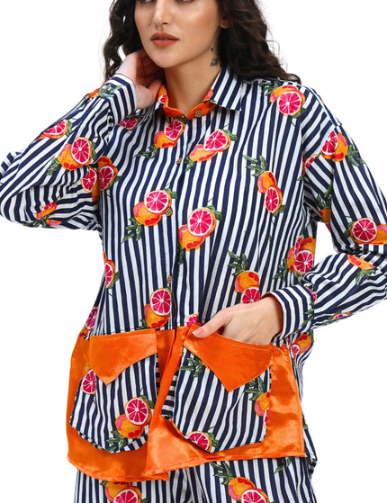 Dark Blue White Stripe Fruty Orange Coord Set