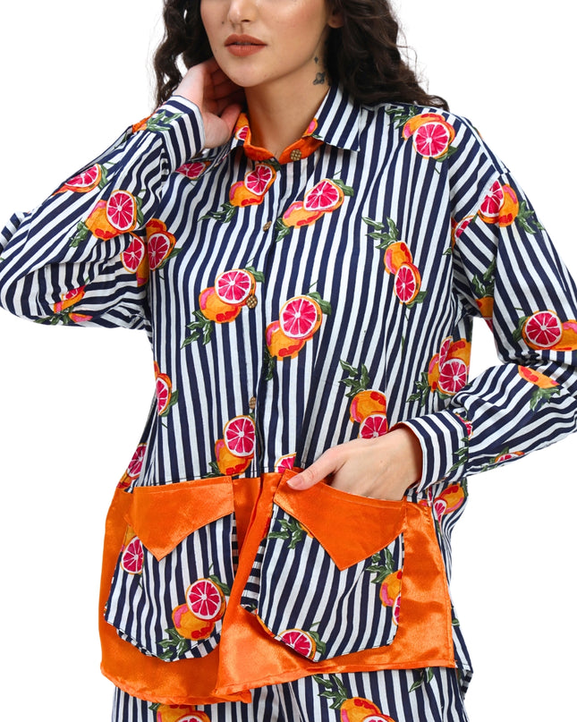 Dark Blue White Stripe Fruty Orange Coord Set