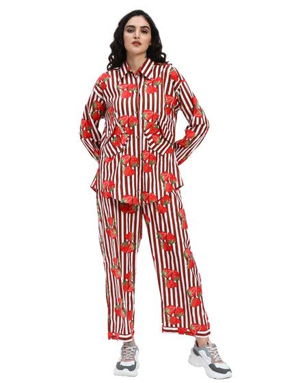 Brown White Stripe with Red Strawberry Coord Set